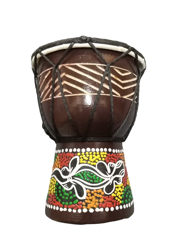 Ornament Mini Djembe Drum Dark Wood Dots Gecko and Sun 15cm x 10xm