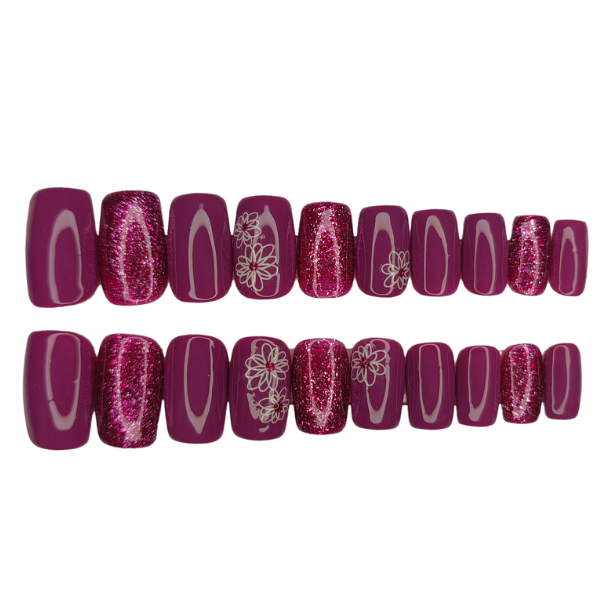 Luxury Press On Nails - Medium Square Purple Glitter Floral Set - 20 Piece
