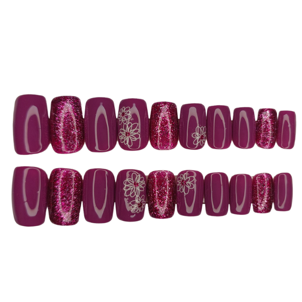 Luxury Press On Nails - Medium Square Purple Glitter Floral Set - 20 ...