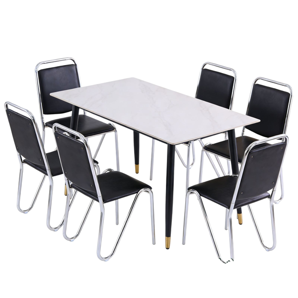 7-Piece Modern Dining Set: 150cm Marble Table &amp; 6 Black Faux Leather Chairs