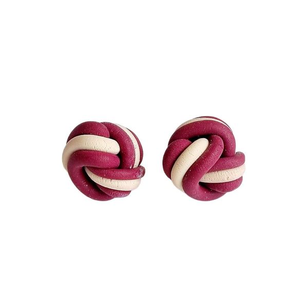 Earrings - Polymer Clay Knot Stud - Burgundy and Cream