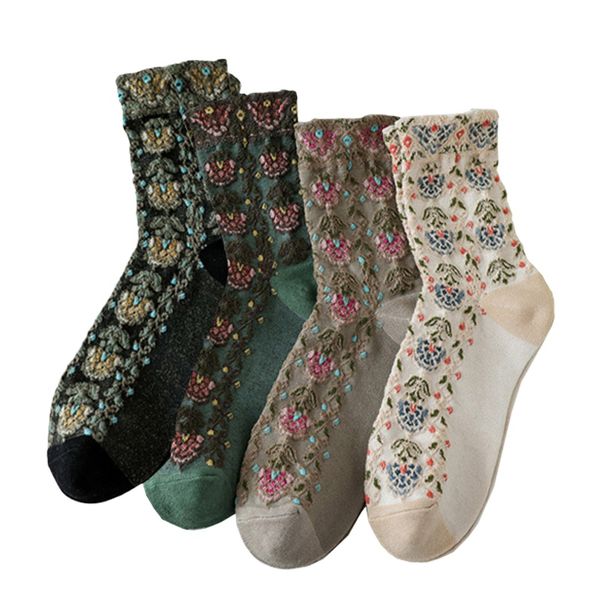 Vintage Floral Relief Mid-Calf Socks Set of Artistic Elegance - 4-Pair