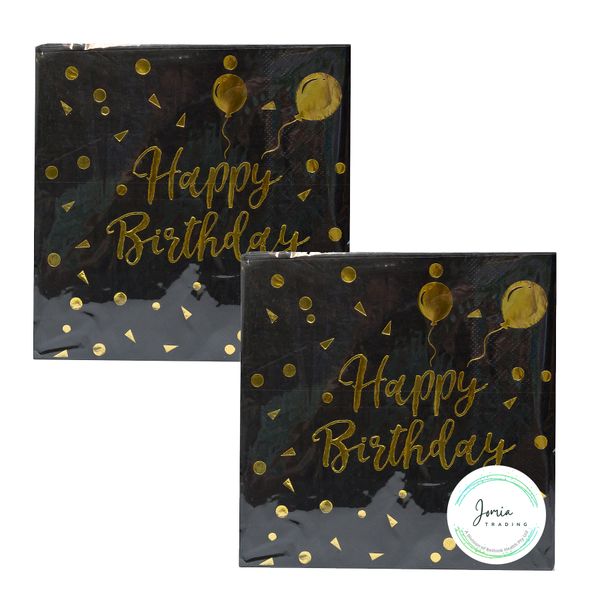 Happy Birthday Black and Gold Party Serviettes