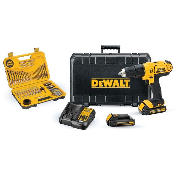Dewalt 18V Compact Cordless Hammer Drill - 2ah Battery+100 piece Acc Kit