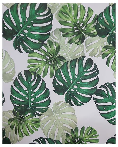 White Vinyl tablecloth with green tropical leaves 6-8 seater (137x240cm)