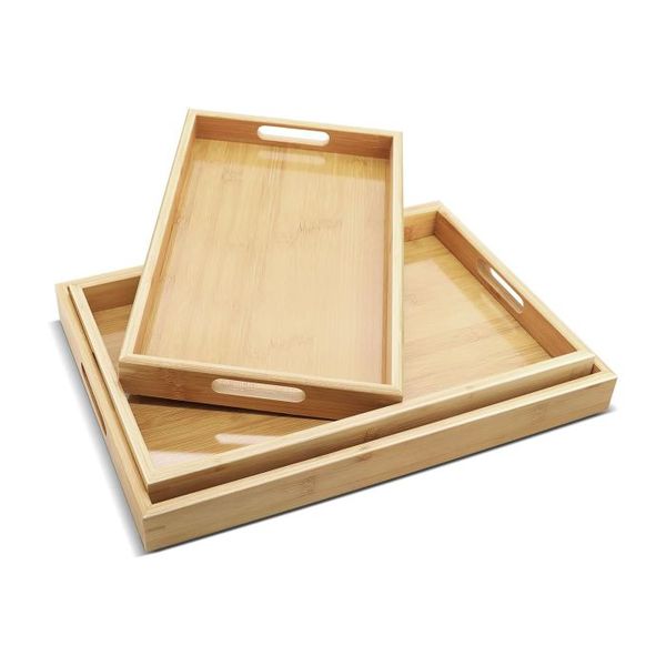 Stackable Bamboo Serving Trays with Handles - 3-Pack