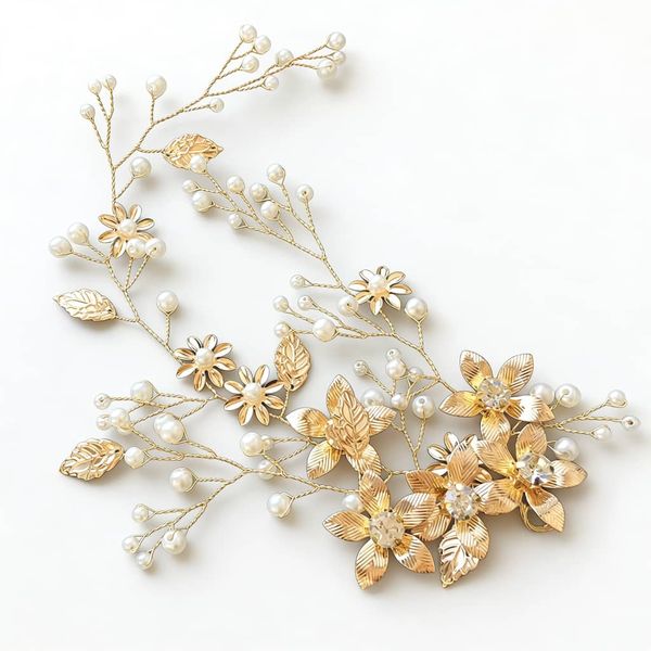 Hair Comb, Gold Crystal &amp; Leaf Bead Pearl Headpieces, Wedding Accessories