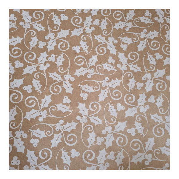 Christmas Wrapping Paper Kraft with White Holly - 10m Roll