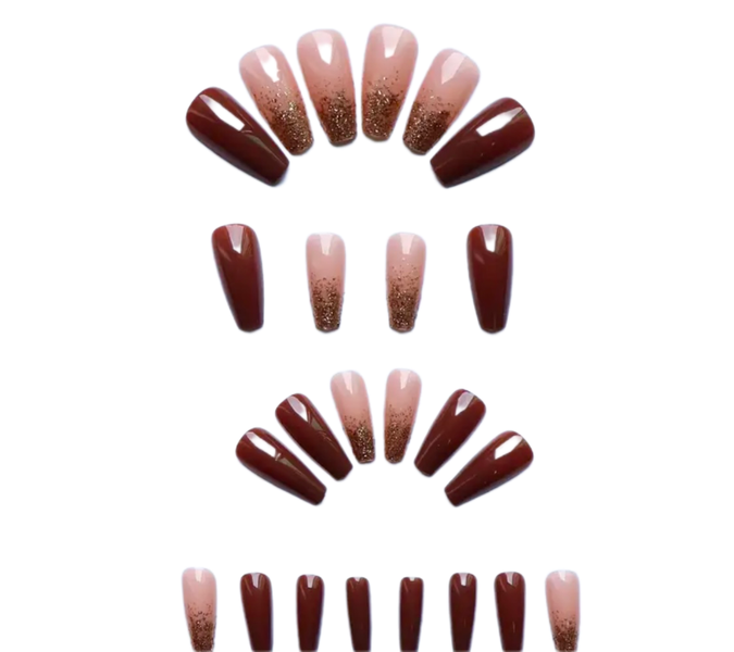 24 Piece Long Ballet Artificial Nails - Golden Glitter Brown
