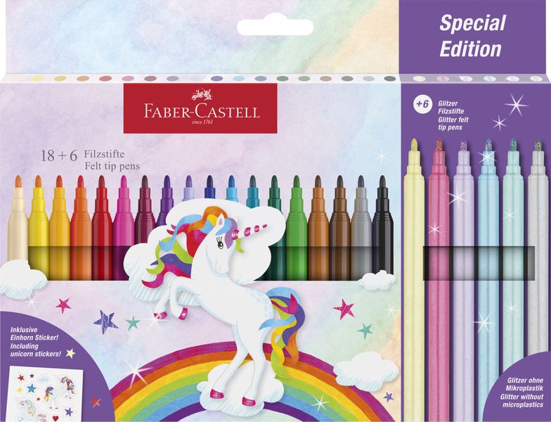 Faber-Castell,Felt-Tip Pen Unicorn, Cardboard Wallet Of 18+6 Incl. Stickers