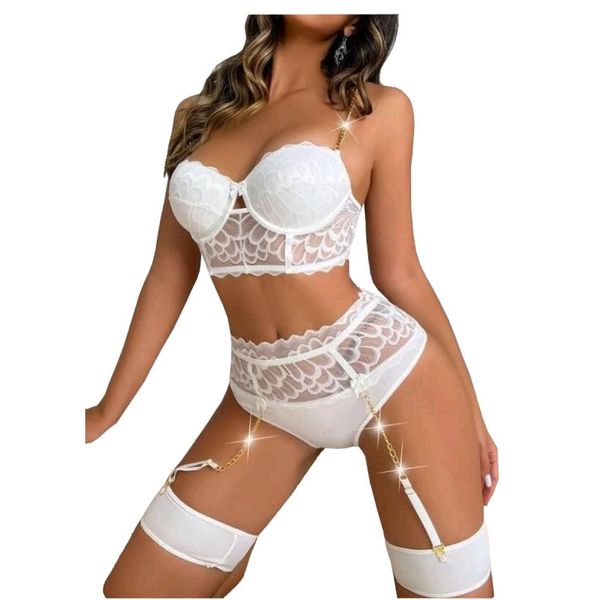 Sinful Indulgence 3 Piece Chain Linked Underwire Lace Set &amp; 1 Pair Leg Rings