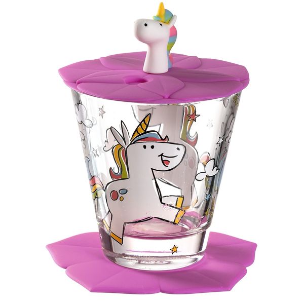 Leonardo Children's Drinking Glass Set: Unicorn Cup, Saucer &amp; Lid Bambini