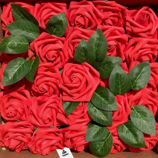 Topika Artificial Flowers 25pcs Foam Roses with Stems for wedding &amp; decor