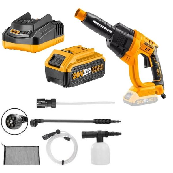 Ingco - Pressure Washer With Accessories and 4.0Ah Battery, Charger Combo