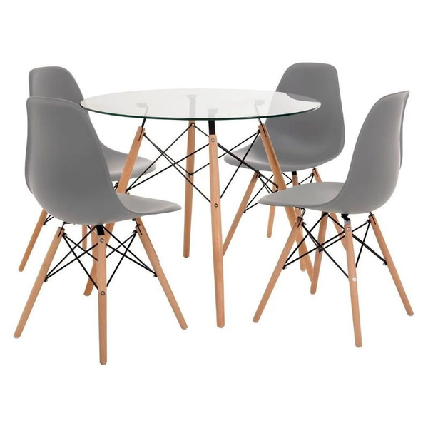 Perla - 5 Piece Perla Glass Table and Grey Wooden Leg Chairs