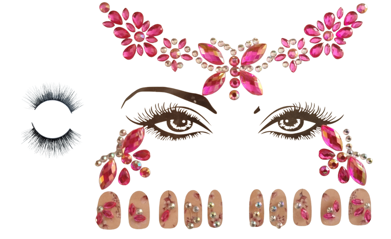 Rhinestone Face Sticker &amp; Nail Art With Eyelash Combo