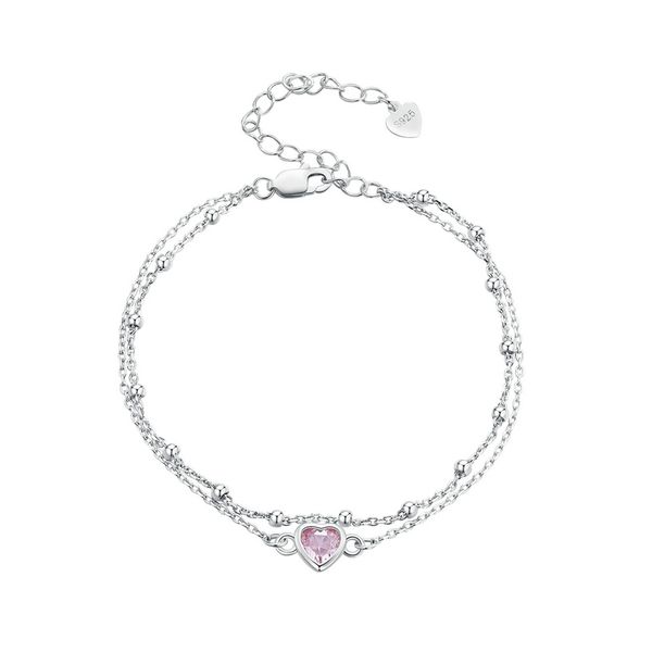 925 Sterling Silver Double-Layer Pink Heart Bracelet - Adjustable for Women