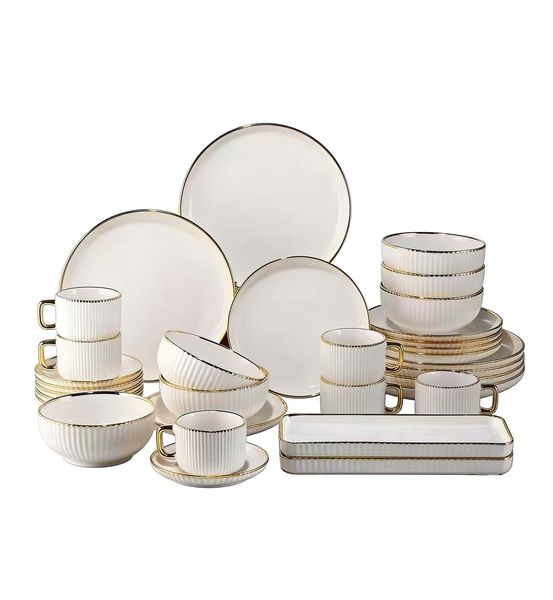 32-Piece Luxury Gold Rim Ceramic Dinnerware Set