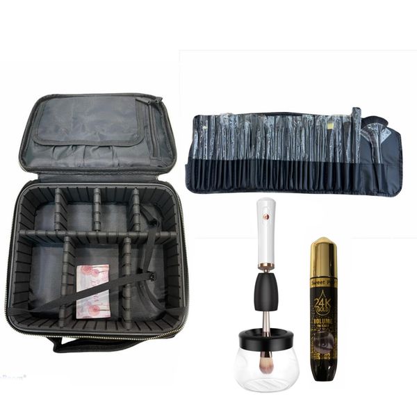 Makeup Bag , 32 Black Makeup Brushes, Brushes Cleaner &amp; a 24k Gold Mascara