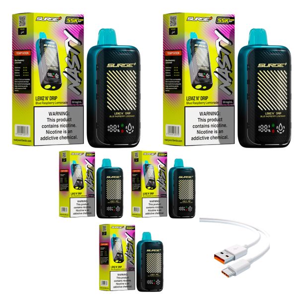 Nasty Surge 55k Blue Raspberry Lemonade+DiscoVape Charging Cable (Pack of 5
