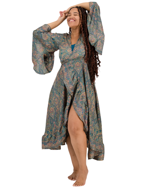 SKA - Boho Flare Bell Sleeves Maxi Wrap Dress - Ibiza Teal Pink Paisley