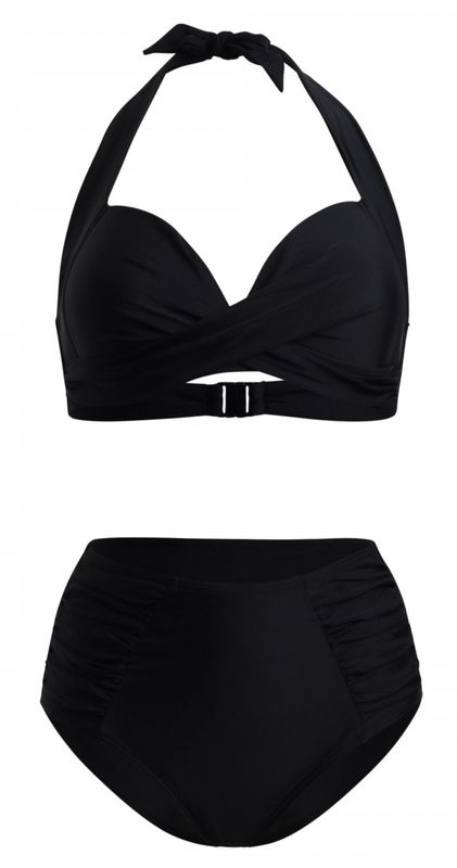 Linzi Ladies - AMALFI Plunge Neck Ruched High Waist Bikini Set - Black ...