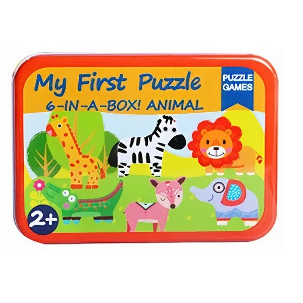 6-Piece Wooden Puzzle In Tin Box (17 x 12cm) Wild Animals
