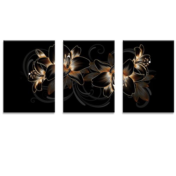 Canvas-Art-3 Pieces Goldern Lillies Flowers In Black Background Wall Art