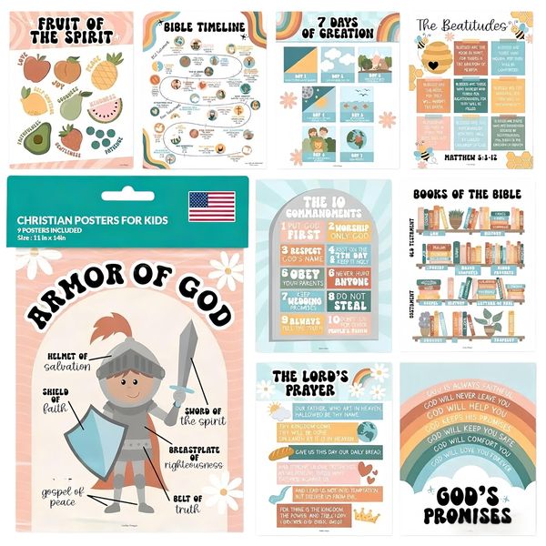 Kemei 9 Bible Learning Posters for Kids-Sunday School Decorations