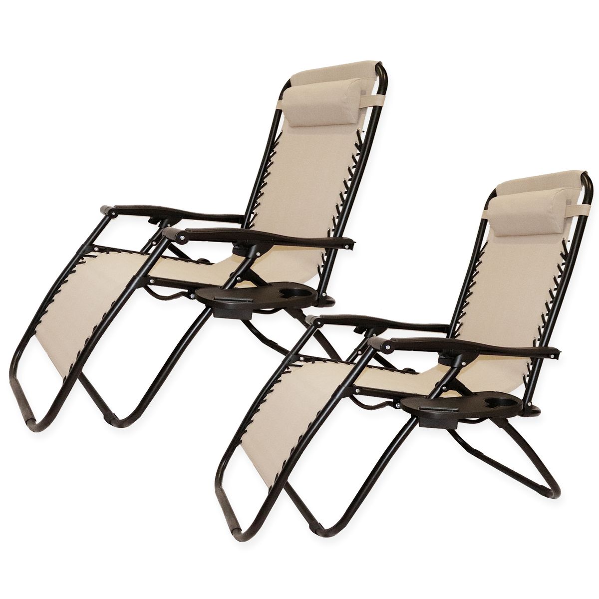 Oribibi - Reclining Patio Chairs with Cup Holder (Beige, Set of 2 ...