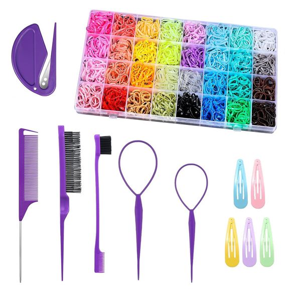 32 Colors Small Hair Rubber Bands with 11 Styling Tools Elastic Hair Ties