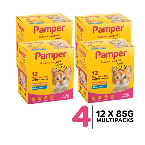 4 x Pamper Wet Cat Food Kitten Fine Cuts in Jelly (12 x 85g) Pouches