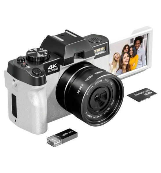 4K HD Digital Camera With 180 Flip Screen &amp; 32GB SD Card - White/Black