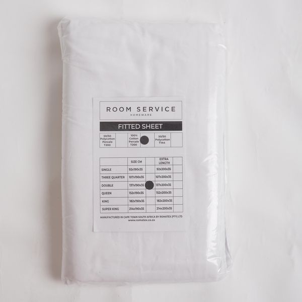 Room Service 100% Cotton 200 Thread Count Percale Fitted Sheet - White