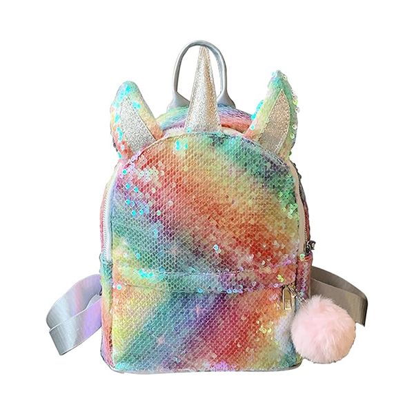 Backpack Sequin Unicorn School Bag Cute Glitter Travel Daypacks with Pompom