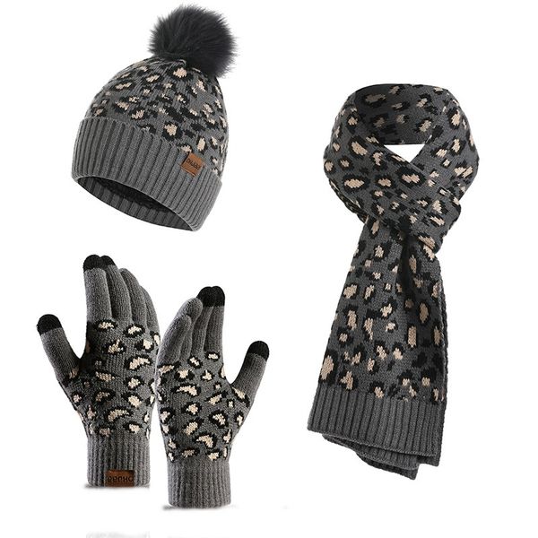 Women's Winter Leopard Print Scarf, Hat and Gloves Set - 3-Piece