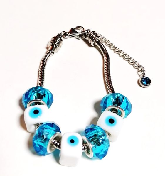 Stainless Steel with Evil Eye Cube Floating Charm on Snake Bracelet (EM52)