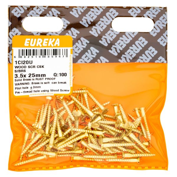 EUREKA Wood Screw Countersunk Solid Brass 3.5 x 25mm Q:100 1CI20U