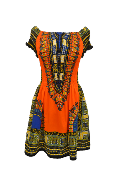 Dashiki African Printed Short Dress - Orange