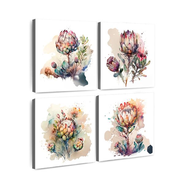 Canvas Art - 4 Piece Protea Flower Watercolour Canvas Wall Art Decor