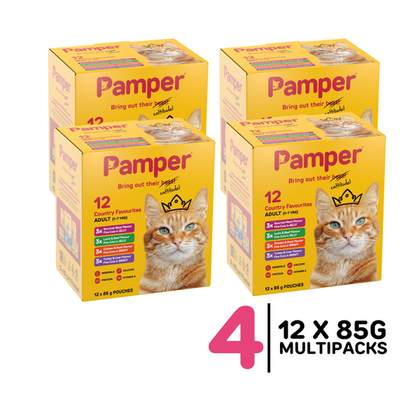 4 x Pamper Wet Cat Food Multipack Country Favourites Flavour (12 x 85g)