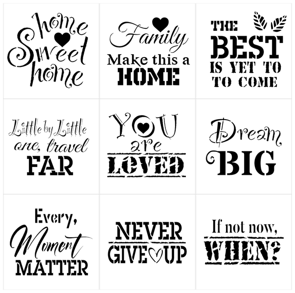 Collection of 9 Inspirational stencils (15cm per stencil)
