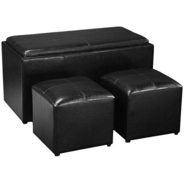 3 Piece PU Leather Coffee Table Tray Ottoman Storage Footstools Set - Black