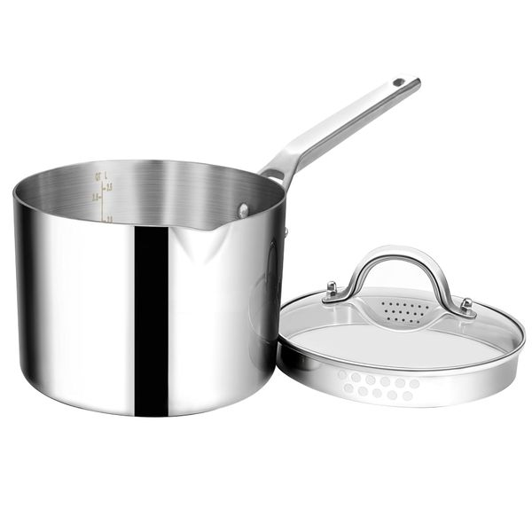 2.5 Liters - Chef's Classic Heavy Stainless Steel Sauce Pan with Glass Lid