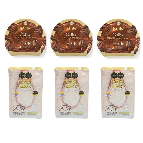 3 x Coffee Natural Essence Face Sheet Mask &amp; 3 x Rice Natural Face Sheet Mask