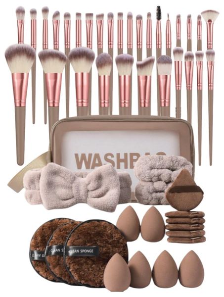 49 Piece Makeup Brush &amp; Accessories Set With Travel Bag - Rose Gold &amp; Brown
