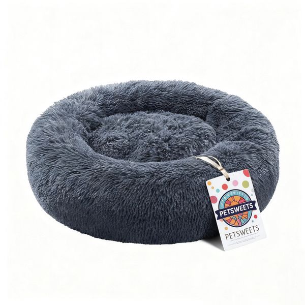 60cm Plush Donut Dog Bed Calming Round Dog Cat Bed - Dark Grey