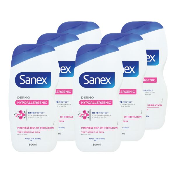 Sanex Dermo Hypo Allergenic Shower Gel - Body Wash, Bulk Offer - 6 X 500ml