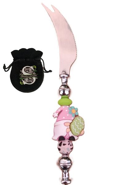 Easter Gnome Cheese Knife - Steel Blade and Silicone Gnome - Pink and Green