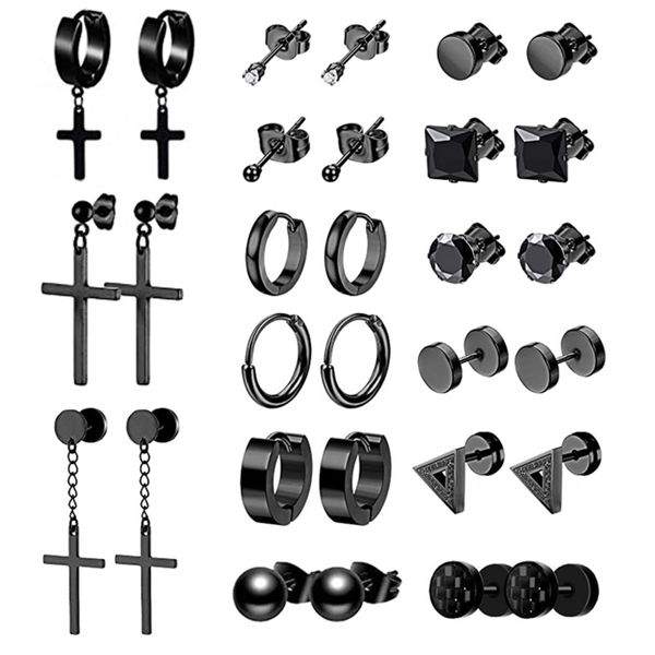 15 Pairs Black Stud Earrings Mens Earrings Hoop Stainless Steel Earrings